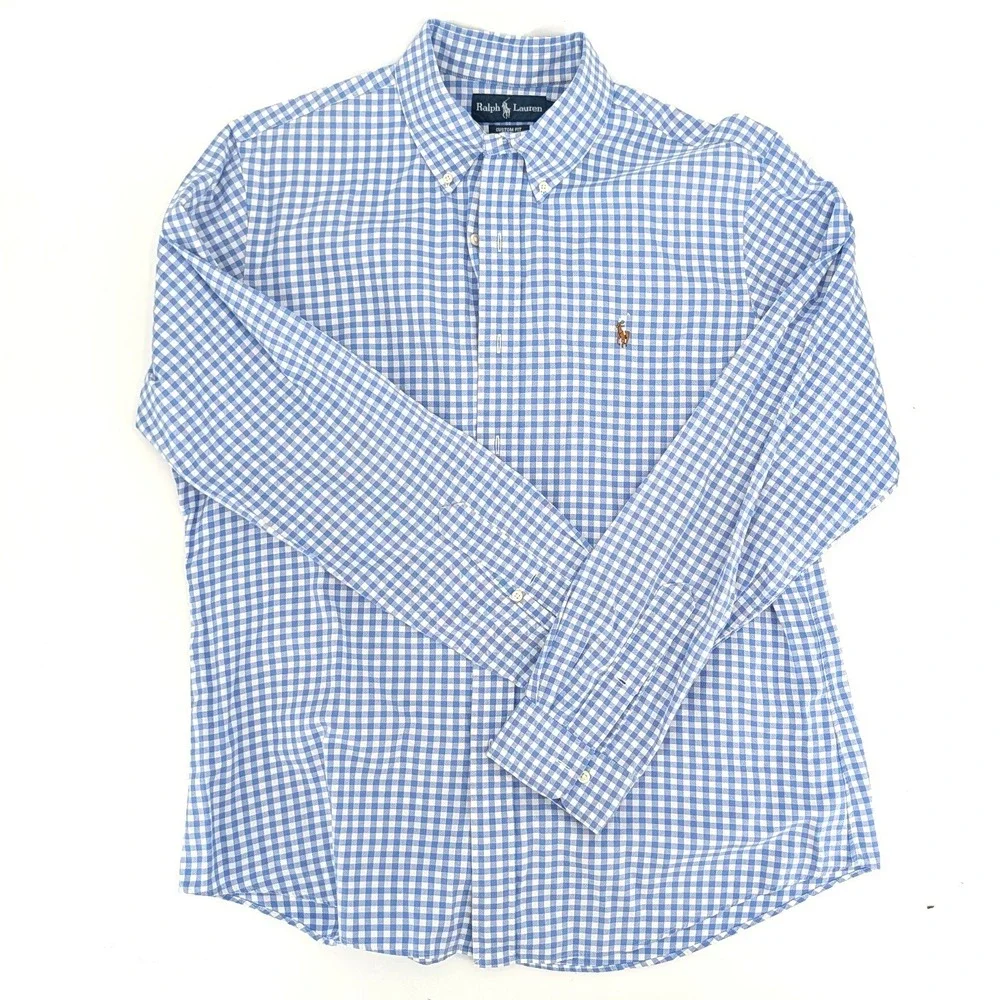 Ralph Lauren Gingham Button Down Shirt Blue White Custom Fit Large Hong Kong